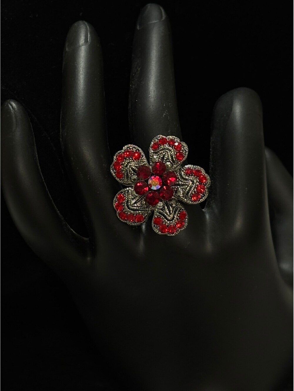 Vintage Style Red Rhinestone Flower Adjustable Ring